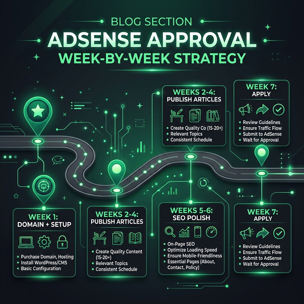 Week-by-week AdSense approval strategy – setup, content, SEO, then apply