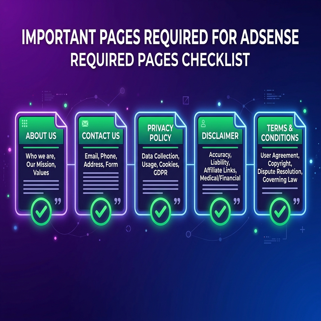 Important pages required for AdSense approval – About, Contact, Privacy Policy, Disclaimer, Terms