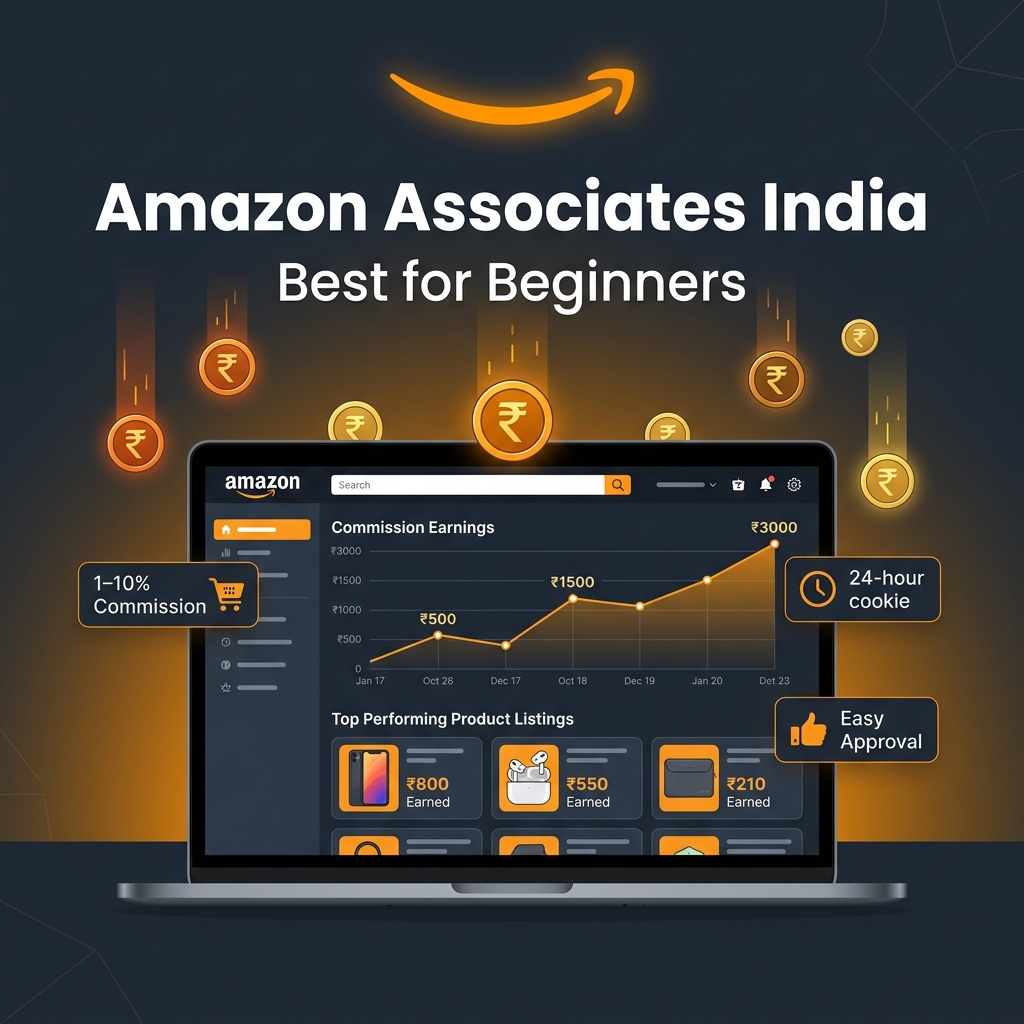 Amazon India affiliate dashboard on a laptop showing commission graphs and product listings with rupee coins and glowing orange Amazon logo on dark slate background