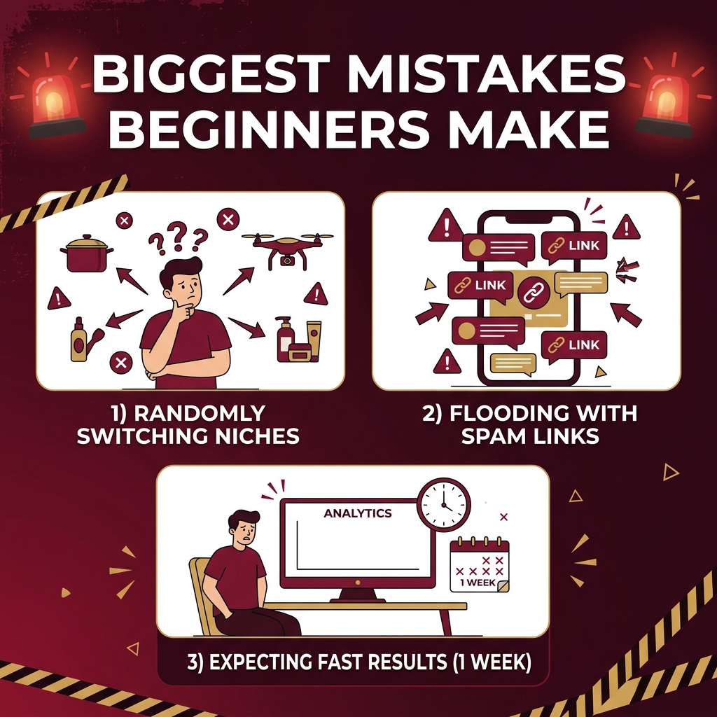 Three illustrated beginner affiliate mistakes: random niche switching, spam links flooding, and checking empty analytics too early — warning icons on dark maroon background