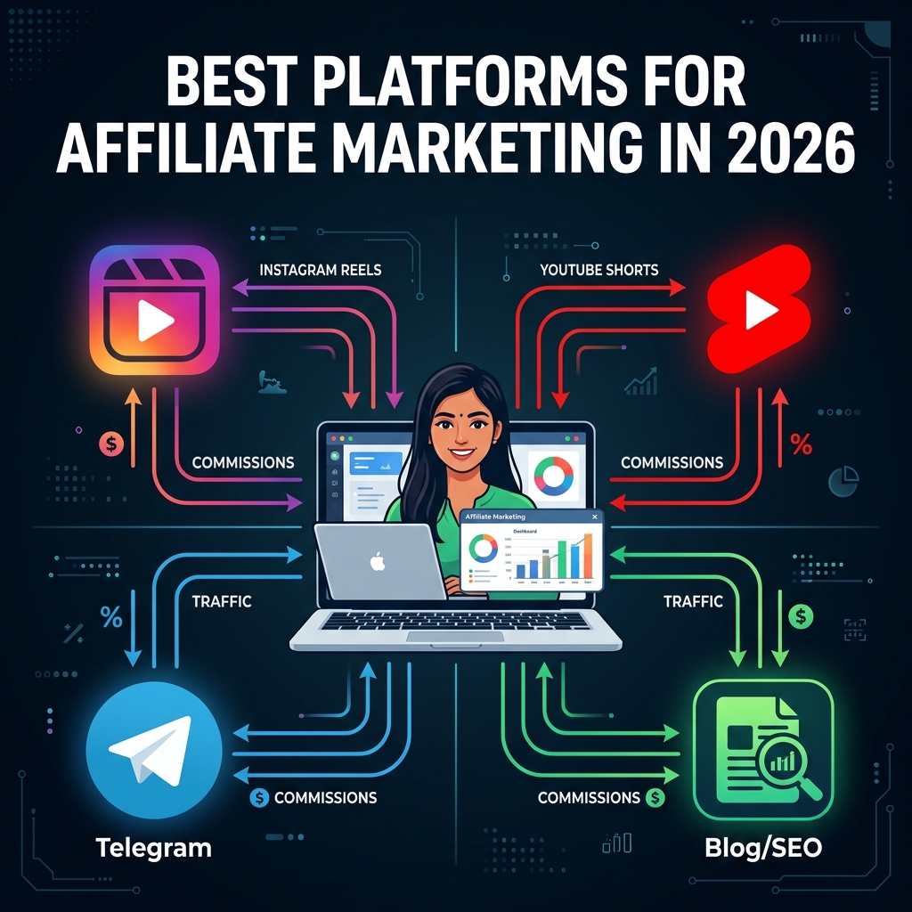 Creator laptop at center surrounded by Instagram Reels, YouTube Shorts, Telegram, and Blog/SEO quadrants with traffic arrows flowing back to affiliate commissions on dark background