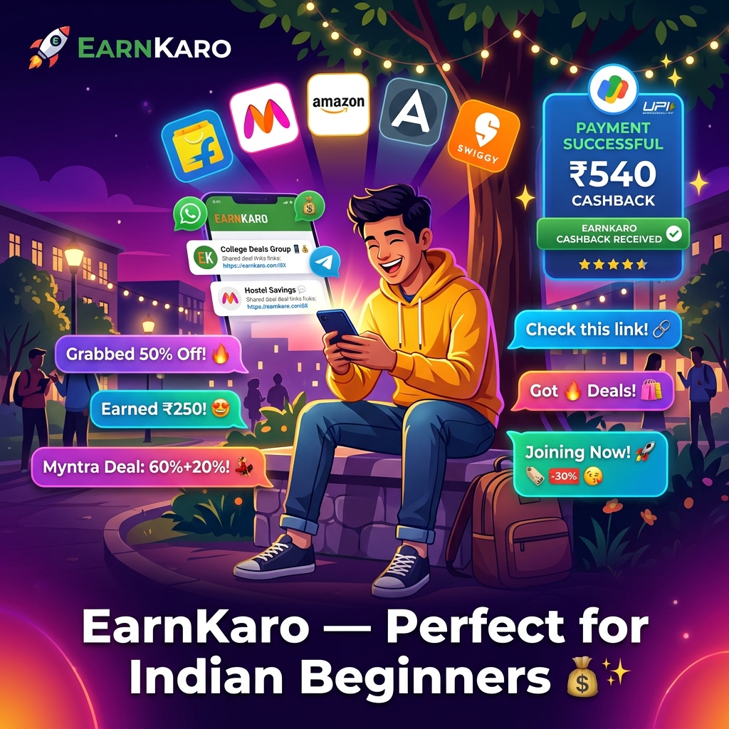 Indian college student sharing deals on WhatsApp and Telegram with Myntra, Flipkart, Ajio logos floating around and UPI payment icon on vibrant purple-pink background