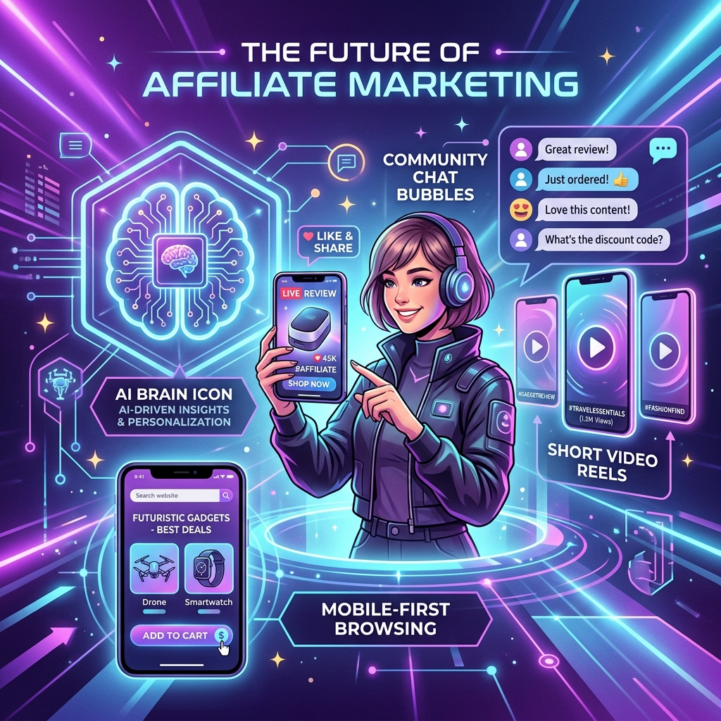 Futuristic affiliate marketing illustration with AI brain, creator doing review, short video reels, and community chat