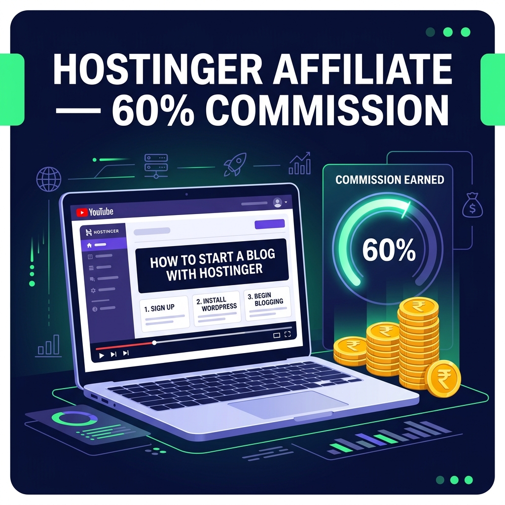 Hostinger affiliate illustration showing YouTube tutorial on screen, 60% commission meter glowing, rupee coins stacking on dark navy-green background