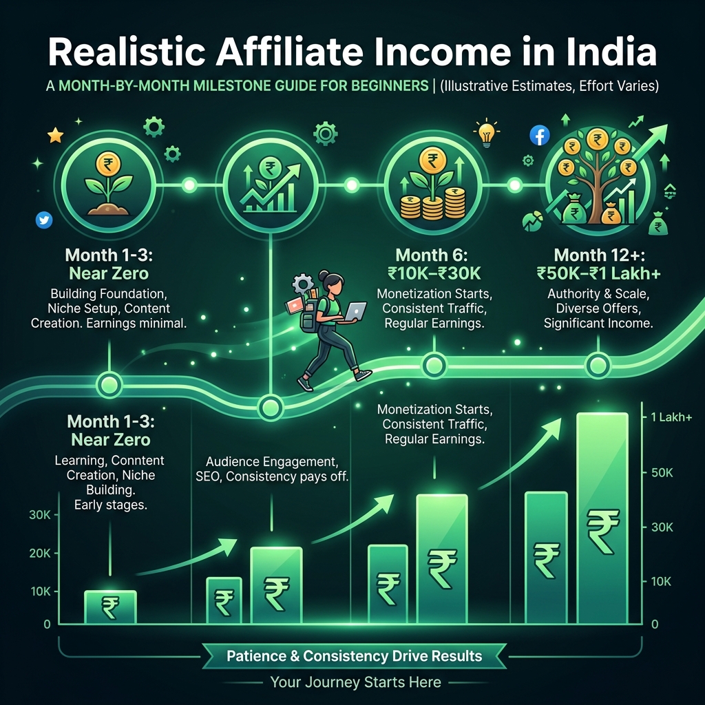 Affiliate income timeline infographic with milestone nodes showing near-zero start, ₹10K-30K at 6 months, ₹50K-₹1Lakh at 12 months on dark green gradient background