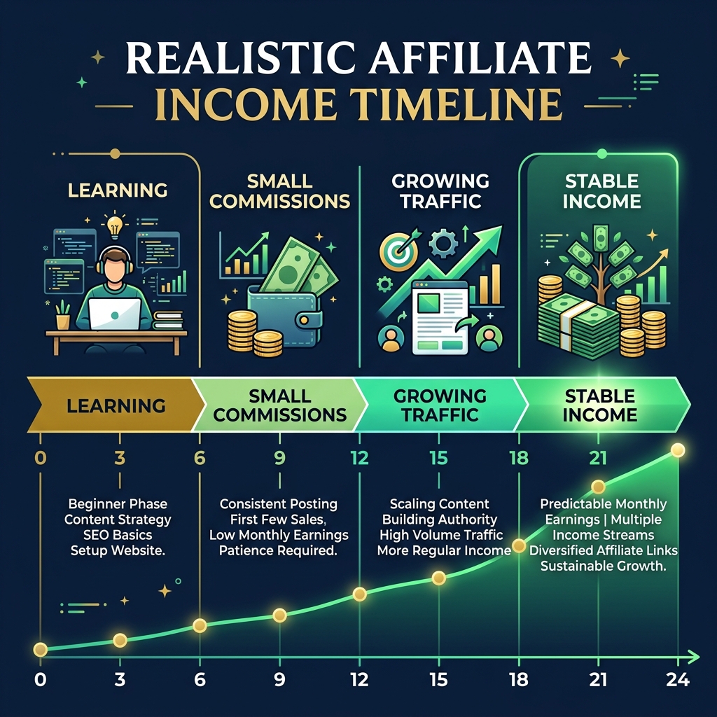 Affiliate income timeline infographic showing 0 to 24 month journey from learning to stable income