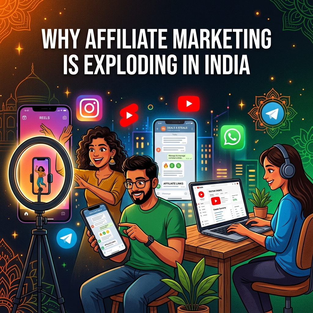 Young Indian creators shooting Reels, managing Telegram deals, and creating YouTube Shorts with short-form platform icons on a dark India-themed background