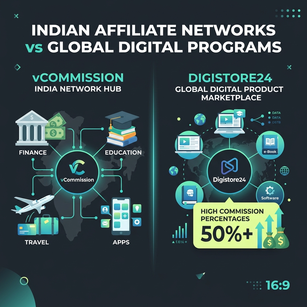 vCommission India network hub and Digistore24 digital product marketplace split-screen infographic on dark charcoal-teal background showing Indian and global affiliate program options