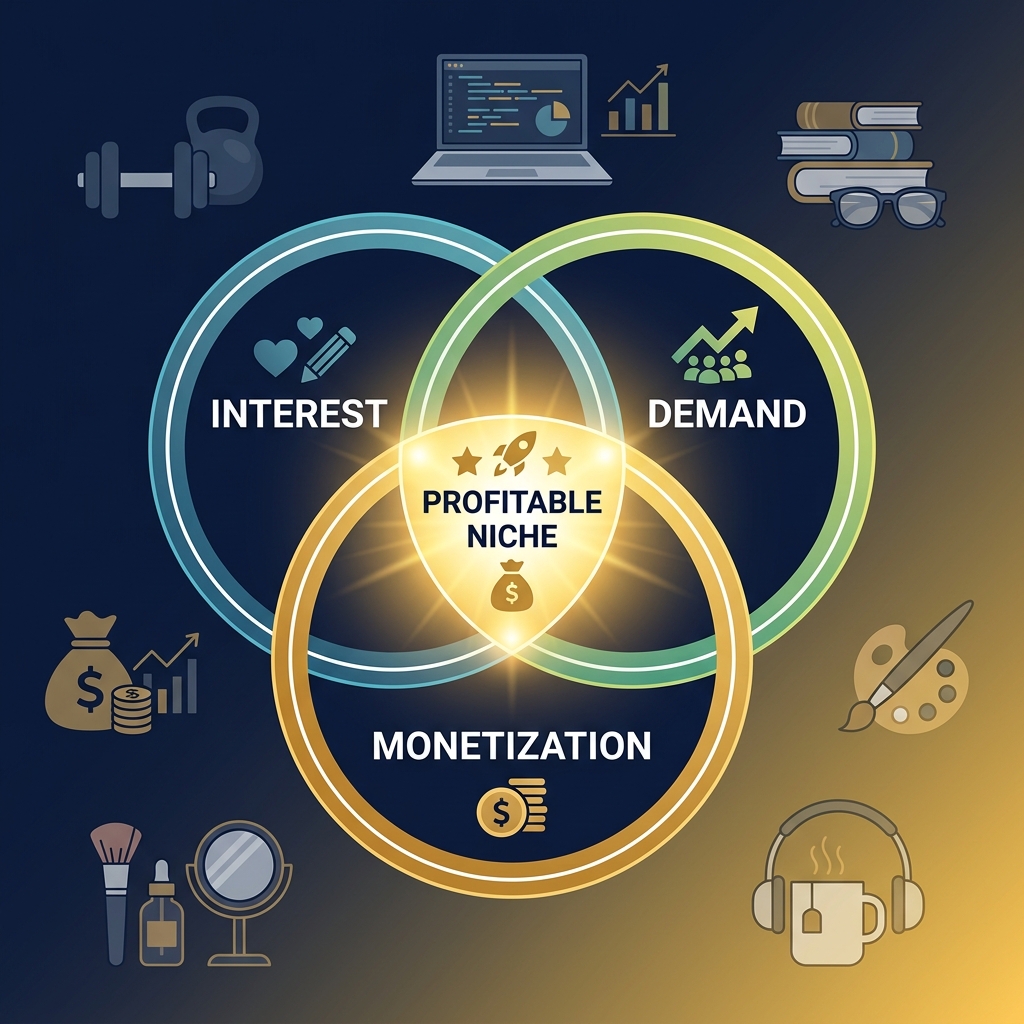 Niche selection Venn diagram showing intersection of interest, demand, and monetization