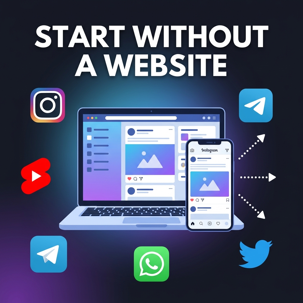 Laptop and phone displaying social media feeds with Instagram, YouTube Shorts, Telegram, WhatsApp icons showing affiliate links being shared on dark blue-purple background