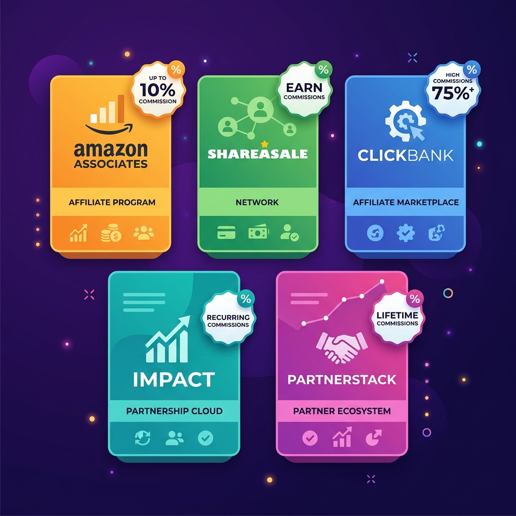 Popular affiliate programs including Amazon Associates, ShareASale, ClickBank, Impact, and PartnerStack cards