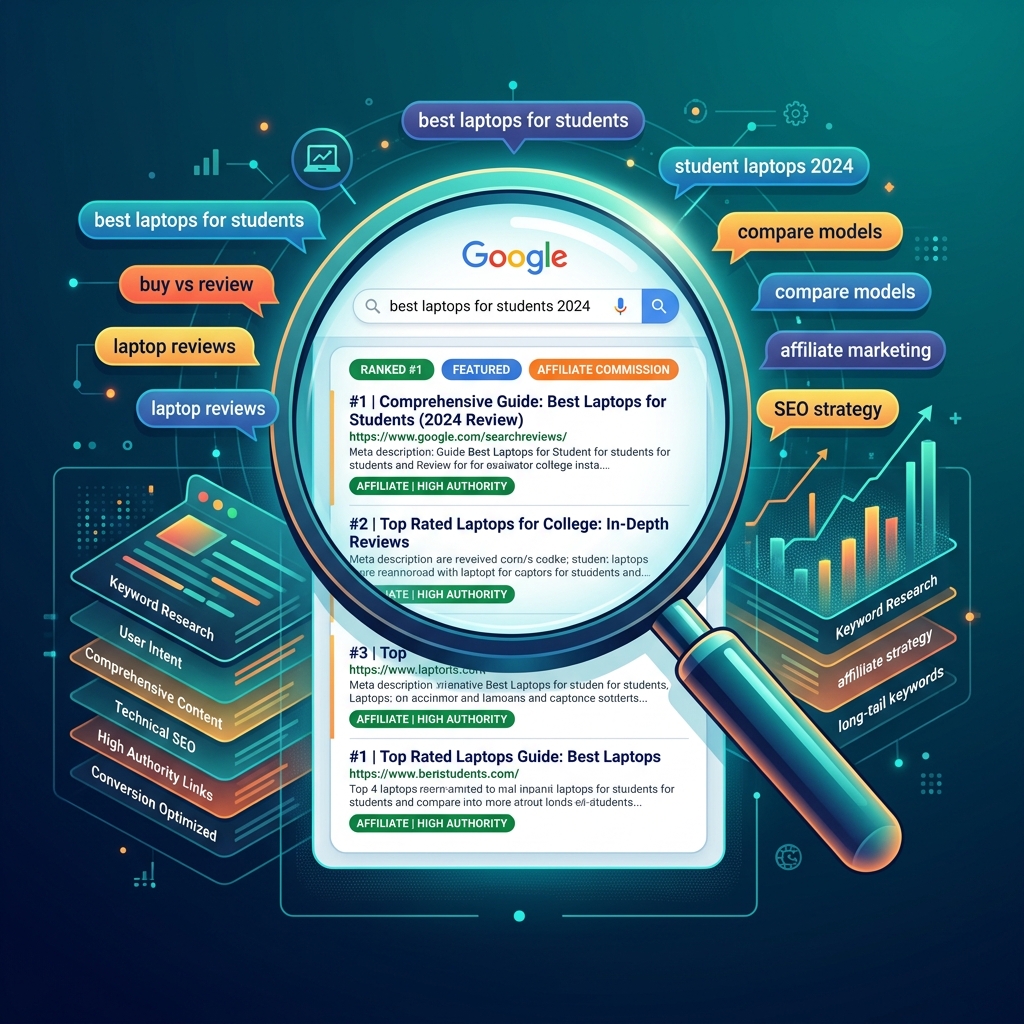 SEO illustration showing search results page with keyword bubbles and content depth layers