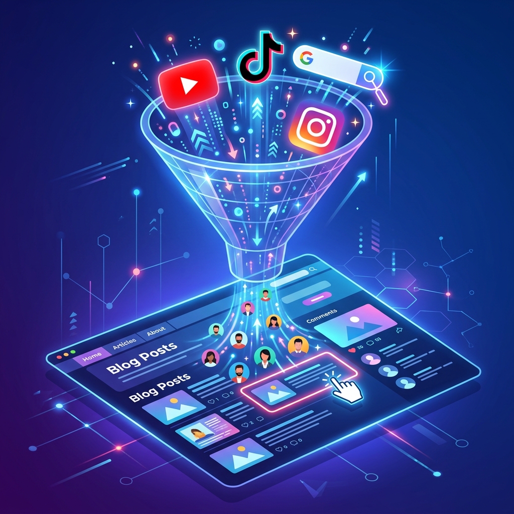 Online traffic funnel showing YouTube, TikTok, Google search, and Instagram flowing into a blog
