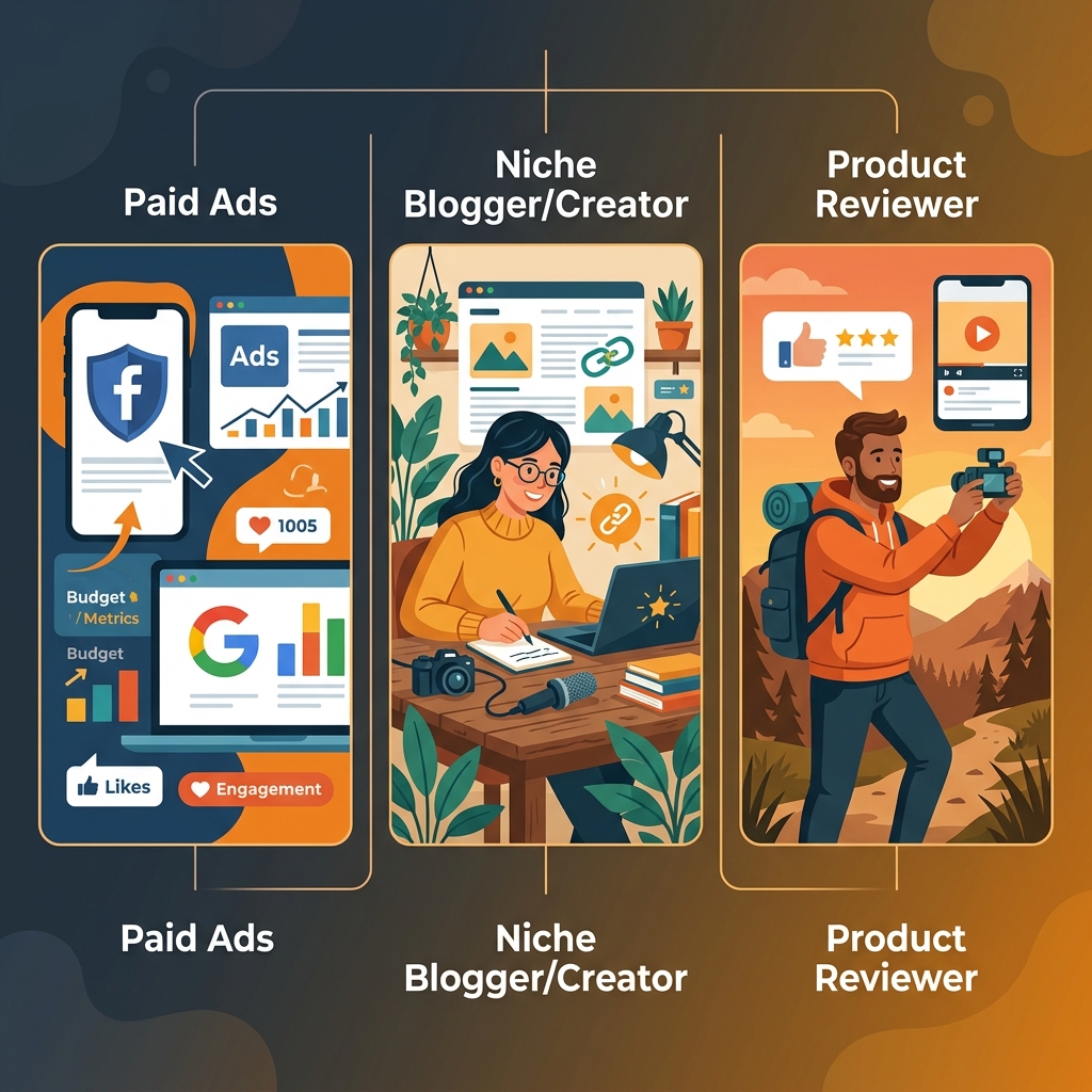 Three types of affiliate marketing: paid ads, niche blogging, and involved product review