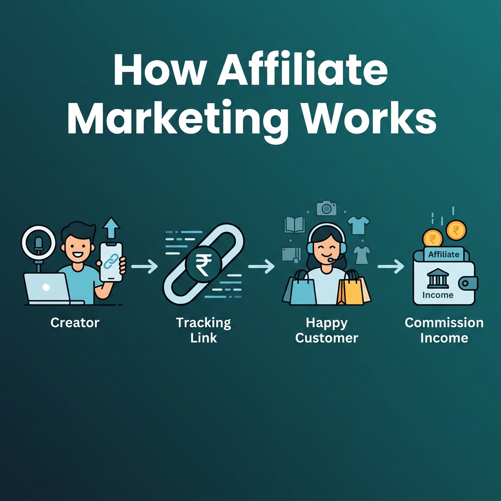 Affiliate marketing referral chain illustration showing creator, tracking link, customer, and rupee commission coins on dark teal background