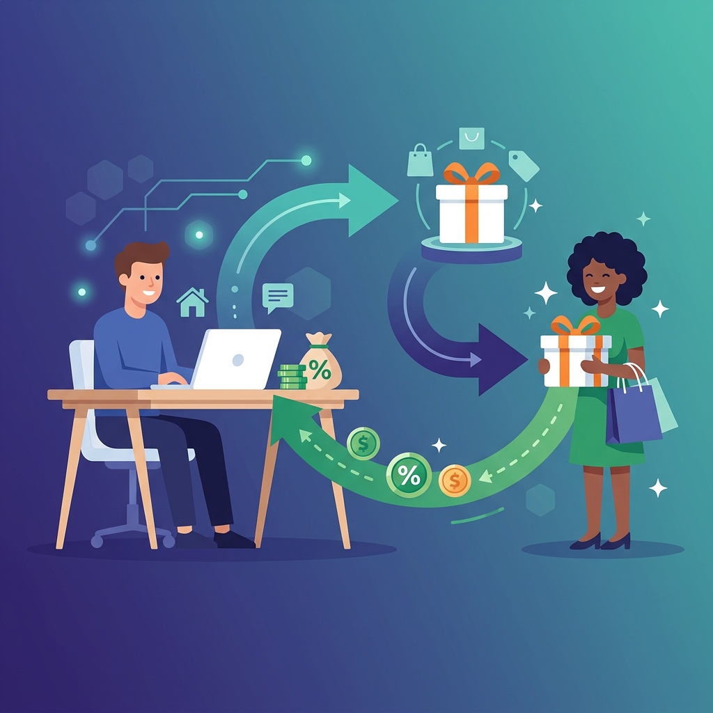 Affiliate marketing referral system illustration showing creator, product, customer, and commission flow