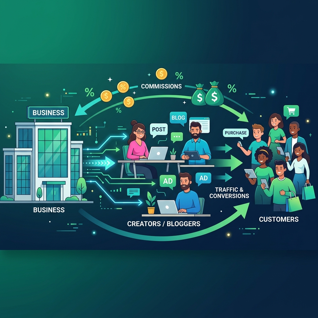 Performance-based marketing illustration showing business connected to creators and customers with commission badges