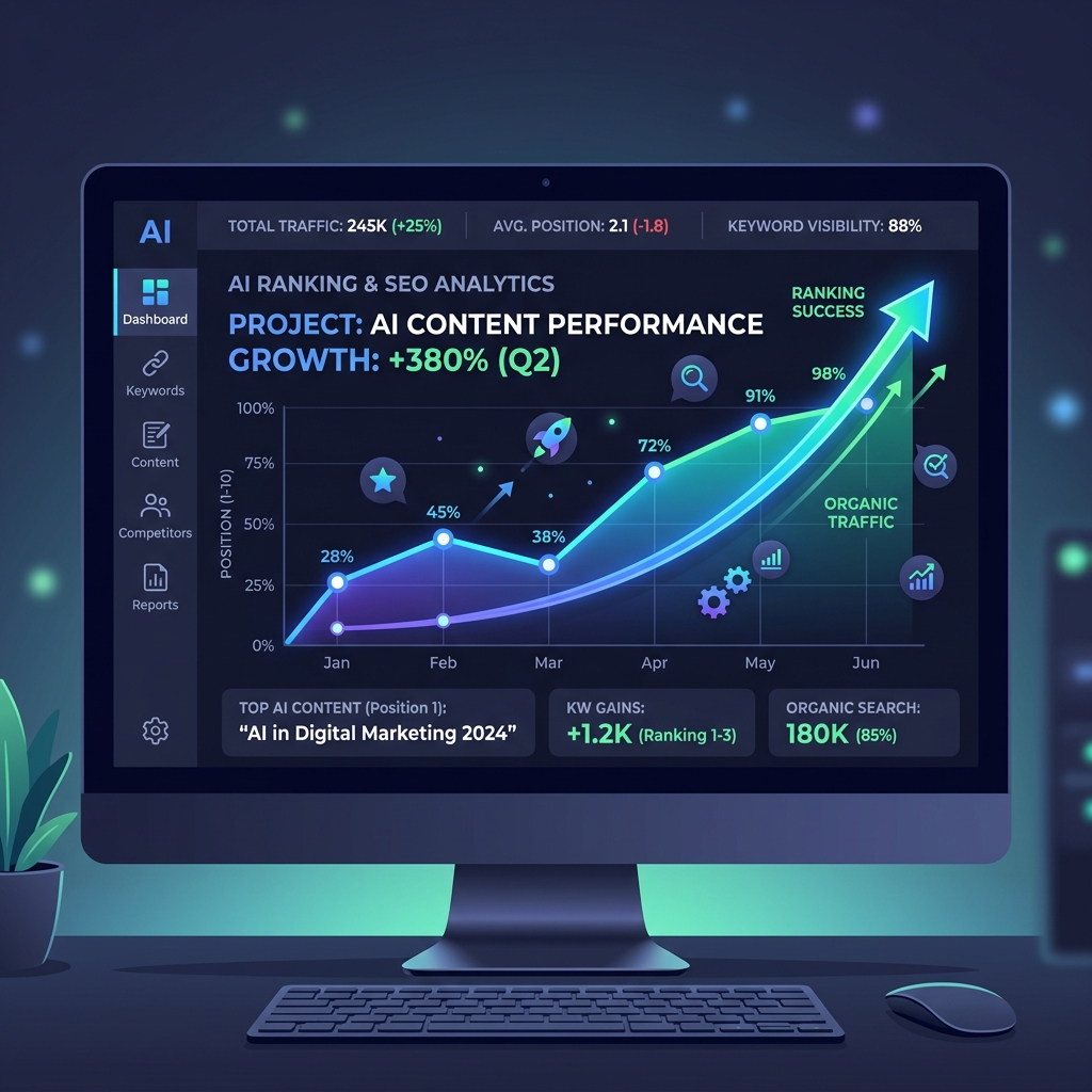An upward growth chart showing AI content ranking success