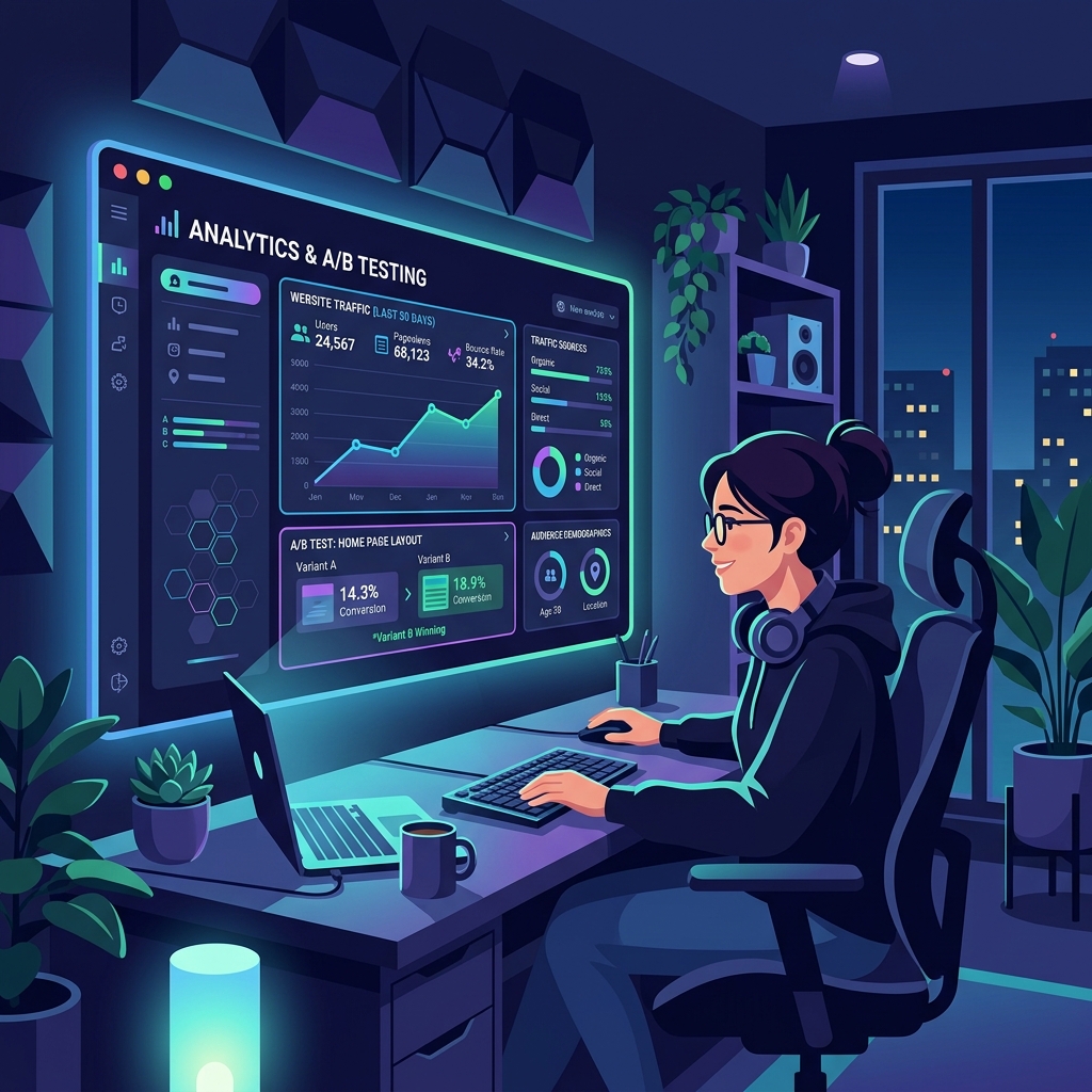 A blogger reviewing analytics data on a futuristic dashboard