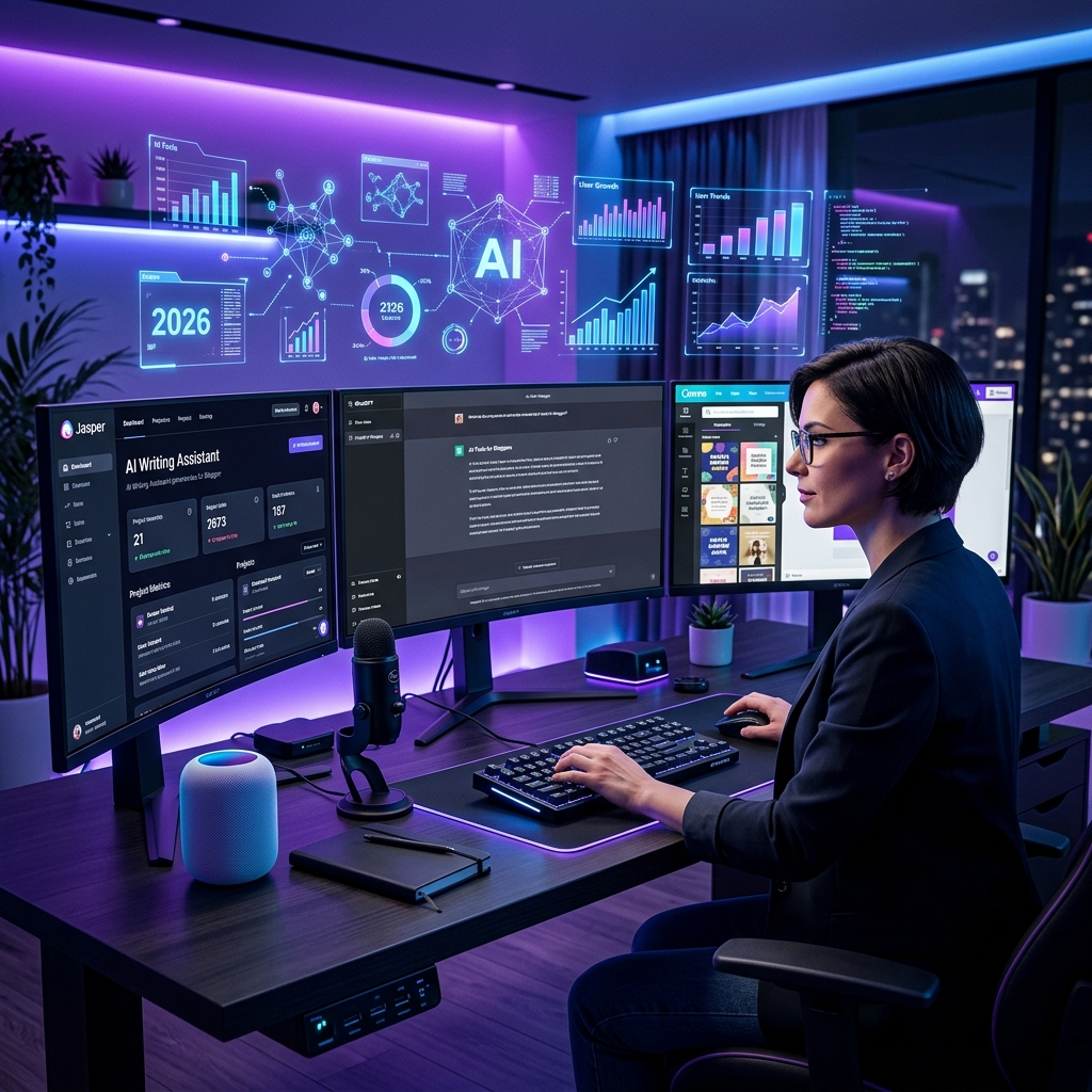 Top 10 AI Tools for Bloggers in 2026 — professional blogger at futuristic multi-screen AI workspace
