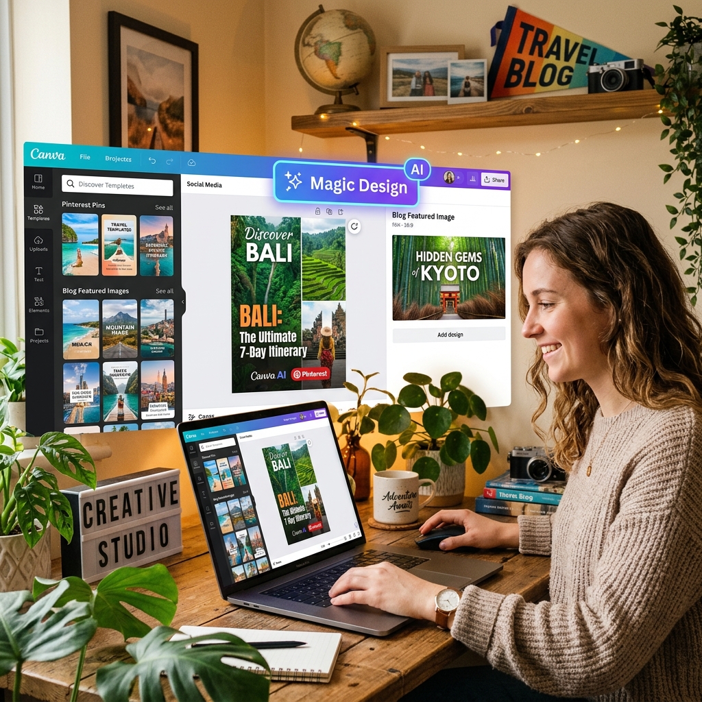 Canva AI design tool with blogger creating vibrant Pinterest pins and blog featured images — colorful template library and AI Magic Design