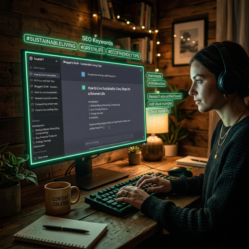 ChatGPT interface with blogger typing a blog post draft — green neon dark UI with article outline and SEO keyword panels
