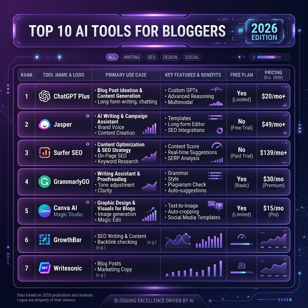Top 10 AI Tools for Bloggers 2026 comparison chart — features, pricing, and free plan availability
