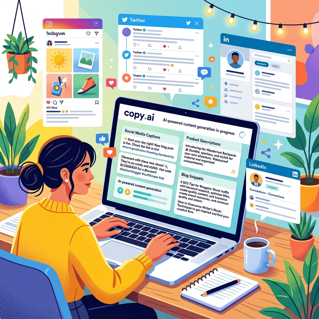 Copy.ai content generation with social media captions, product descriptions, and blog snippets on multiple screens