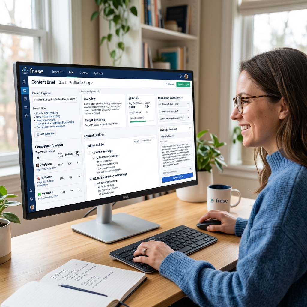 Frase AI content brief generation with competitor analysis, SERP data, FAQ optimization, and AI writing panel on screen