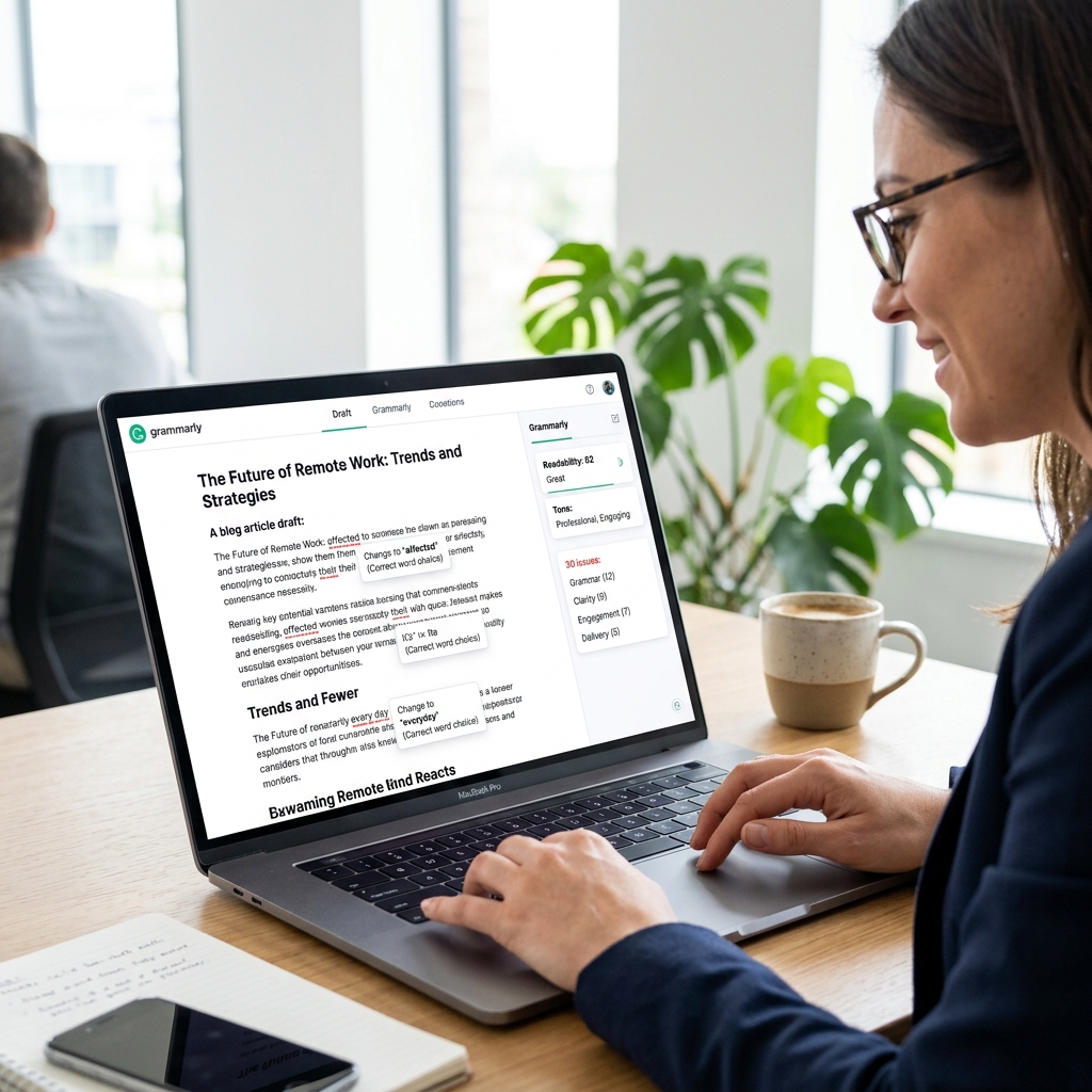 Grammarly AI writing assistant showing real-time grammar corrections, tone detection, and readability improvements on a blog article