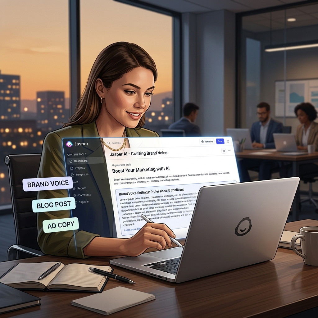 Jasper AI marketing writing tool with brand voice settings and blog content generation on premium laptop