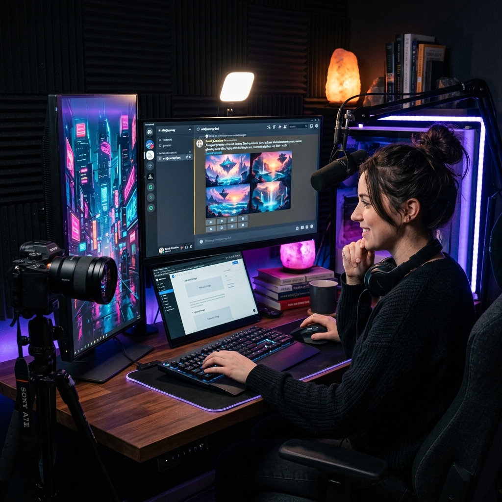 Midjourney AI art generator with creative blogger viewing fantasy landscape and futuristic tech visuals on multiple screens