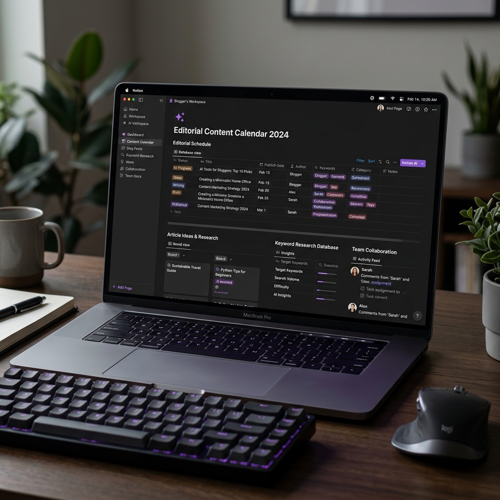 Notion AI editorial content calendar on dark laptop screen with blog planning database, keyword research, and publishing schedule