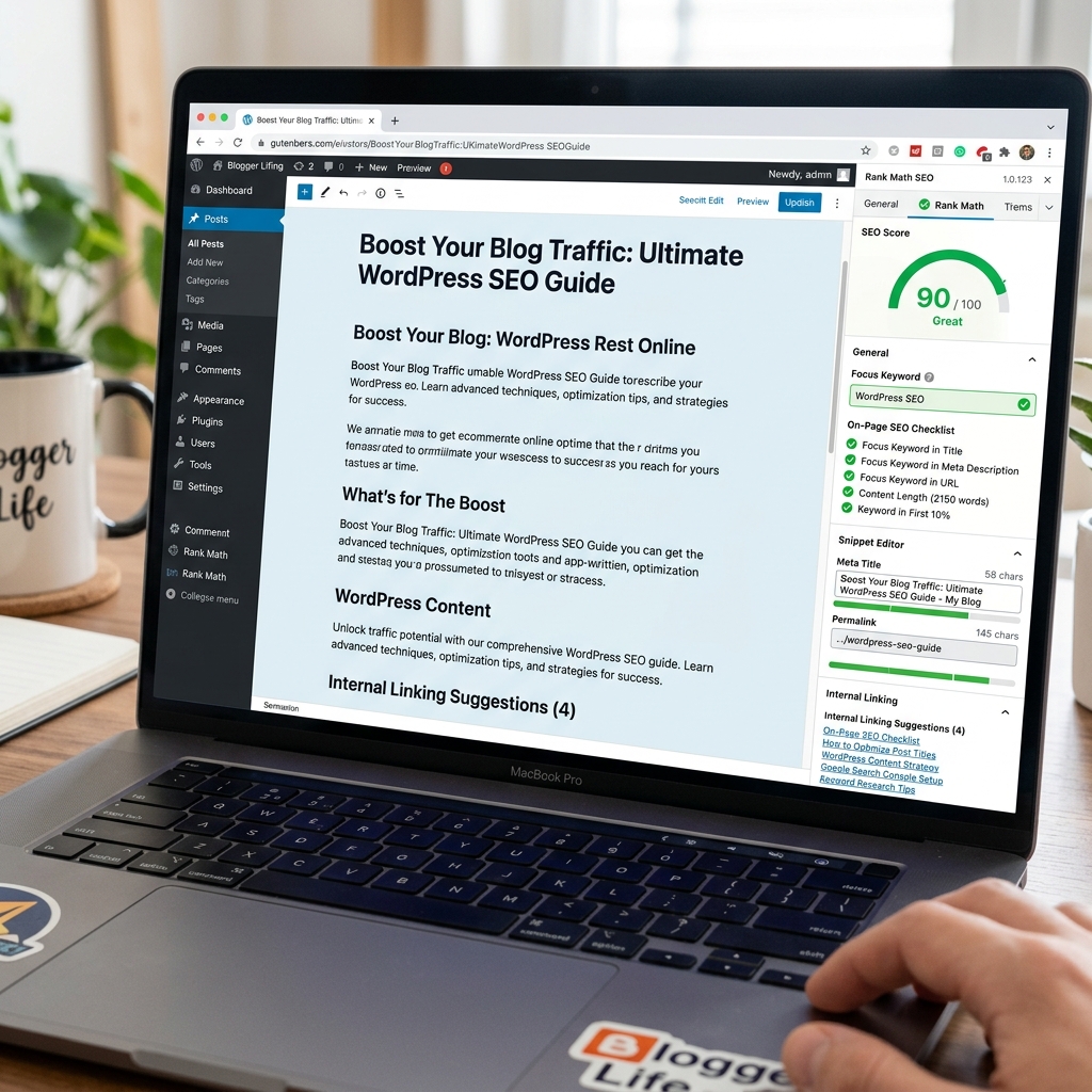 Rank Math AI WordPress SEO plugin inside WordPress editor with on-page SEO checklist, meta optimization panel, and keyword score at 90