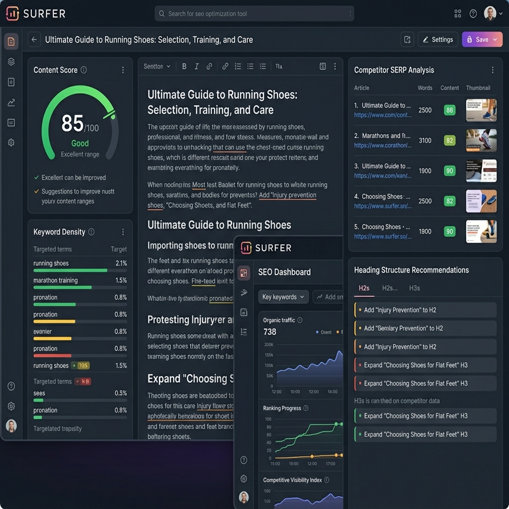 Surfer SEO content optimization dashboard showing article content score meter, keyword density analysis, and competitor SERP data