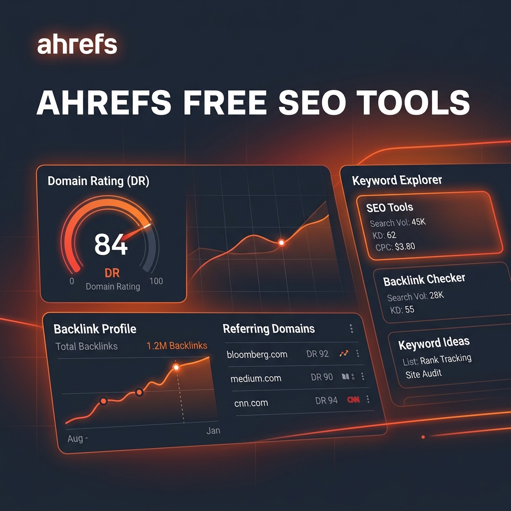 Ahrefs backlink database and keyword explorer dashboard illustration