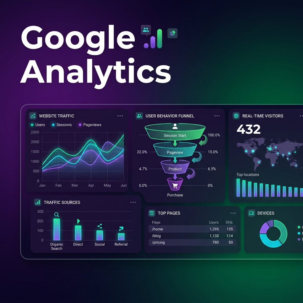 Google Analytics traffic dashboard showing visitor sources and engagement metrics