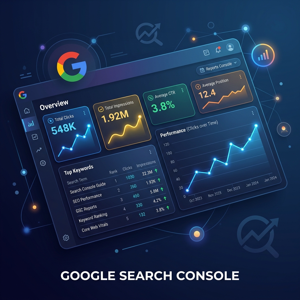 Google Search Console dashboard with keyword rankings and click data