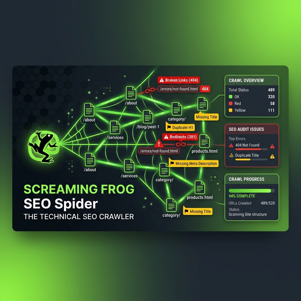 Screaming Frog web crawler showing broken links metadata and site structure