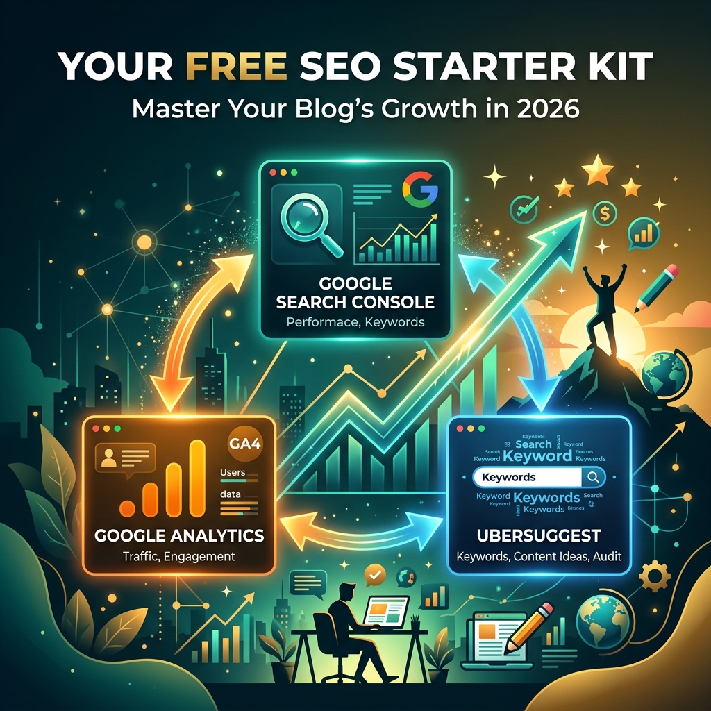 Free SEO starter kit for bloggers showing Search Console, Analytics, and Ubersuggest combo