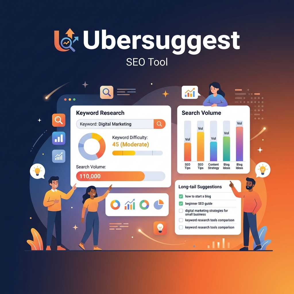 Ubersuggest keyword research dashboard with search volume and difficulty scores
