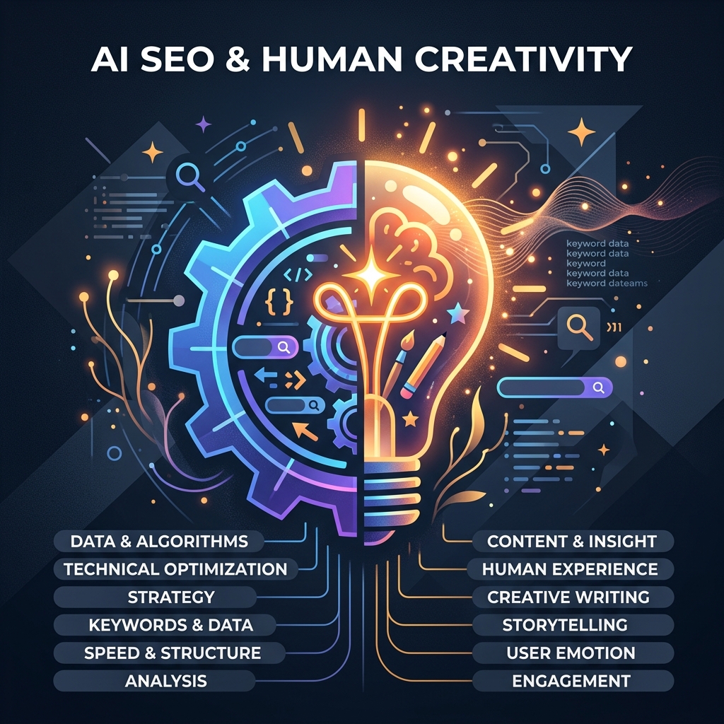 A glowing lightbulb merging with a gear representing AI SEO best practices