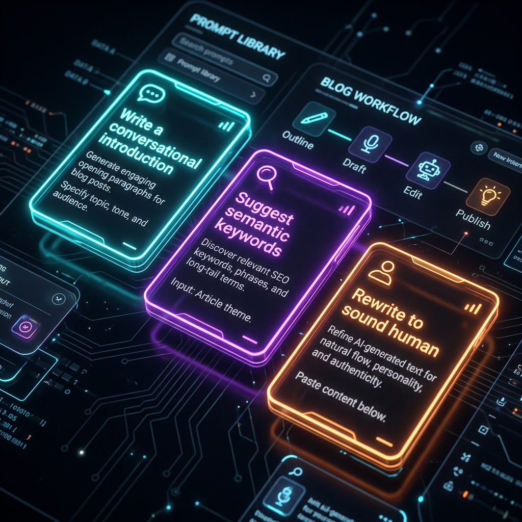 Glowing prompt library on a dark holographic screen showing multiple ChatGPT prompt cards in different neon accent colors