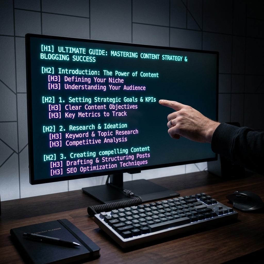 Detailed blog post outline glowing on a dark screen with hierarchical H1, H2, H3 heading structure visible in teal and purple