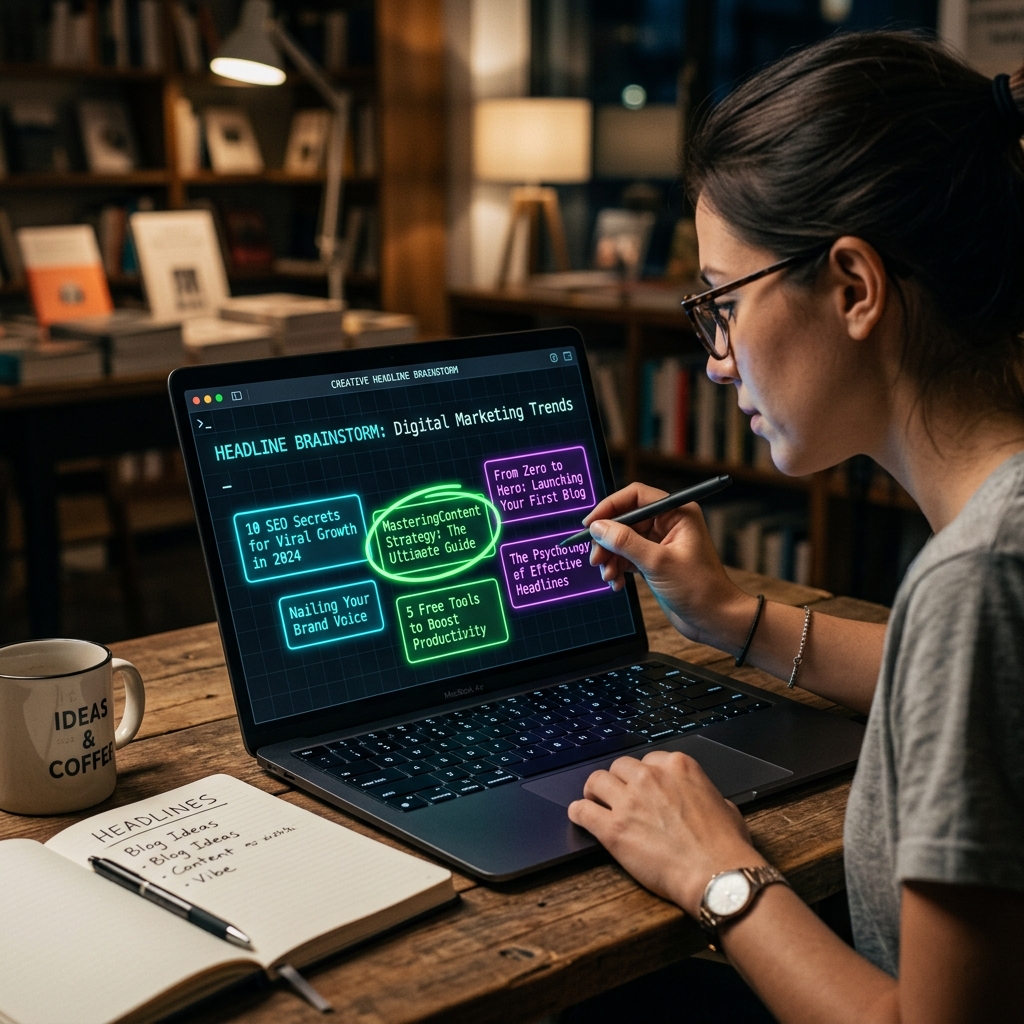 Creative headline brainstorming session showing multiple blog title suggestions highlighted in neon colors on a dark terminal screen