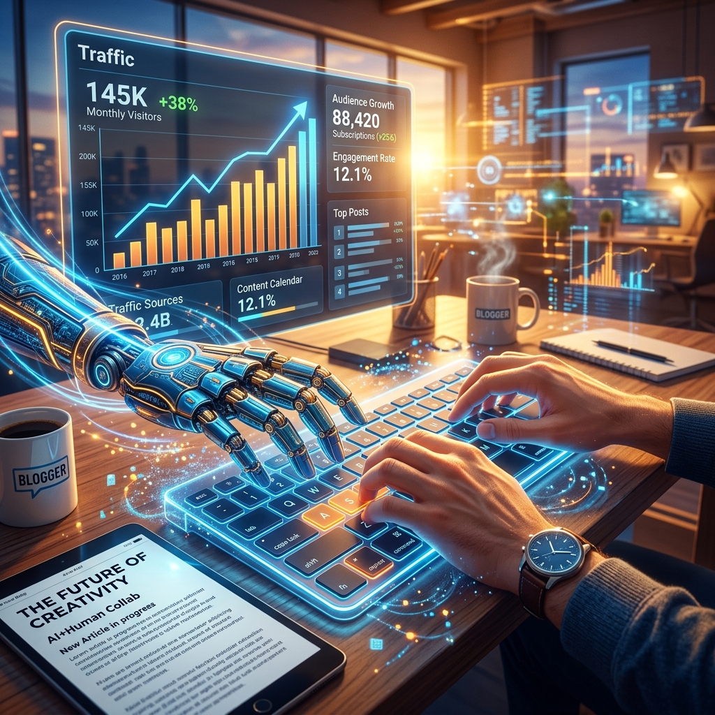 Futuristic visualization of AI and human blogging collaboration with both hands typing together and a rising traffic dashboard in the background