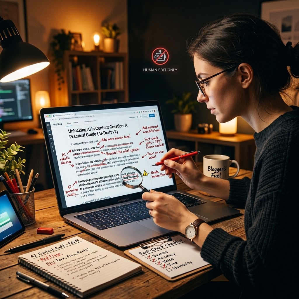 Blogger carefully reviewing and editing AI-generated content with red markup annotations and a fact-check checklist on screen