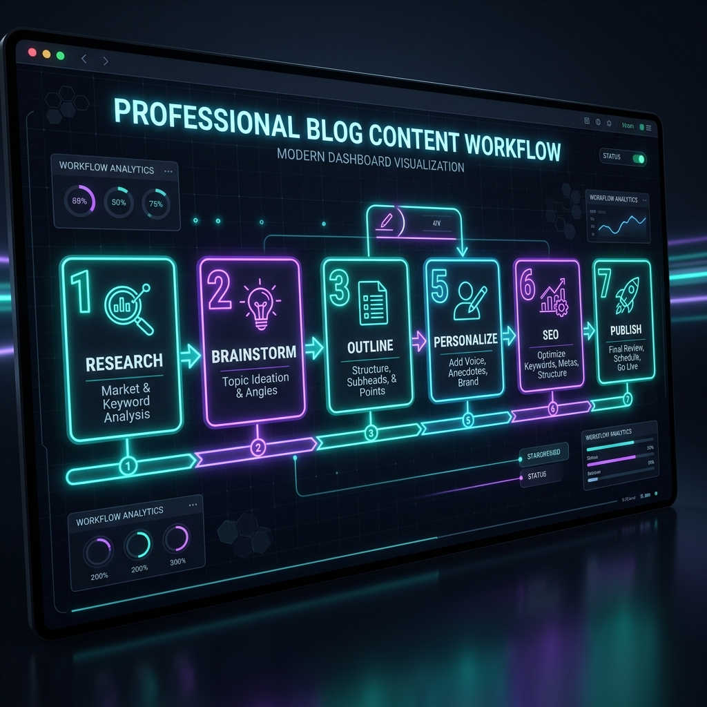Clean 7-step workflow diagram on a modern dark screen showing Research, Brainstorm, Outline, Draft, Personalize, SEO, Publish steps connected by arrows