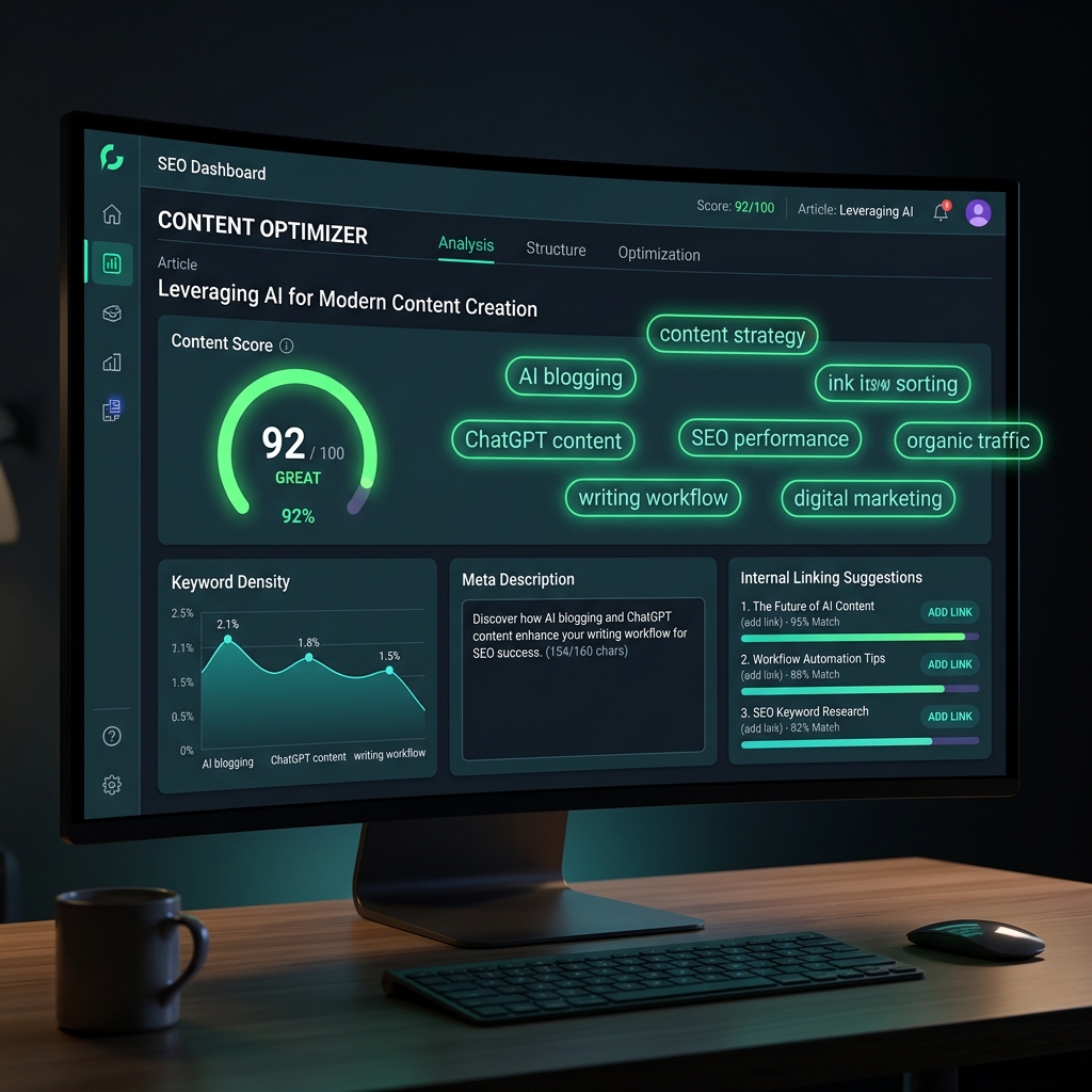 SEO optimization dashboard glowing in dark mode showing keyword density chart, meta description, content score at 92, and semantic keyword tags