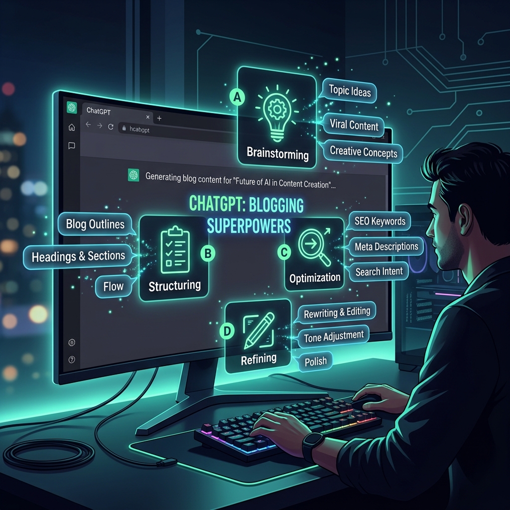 Creative visualization of ChatGPT strengths for blogging — glowing AI text generation with icons for brainstorming, SEO, and rewriting